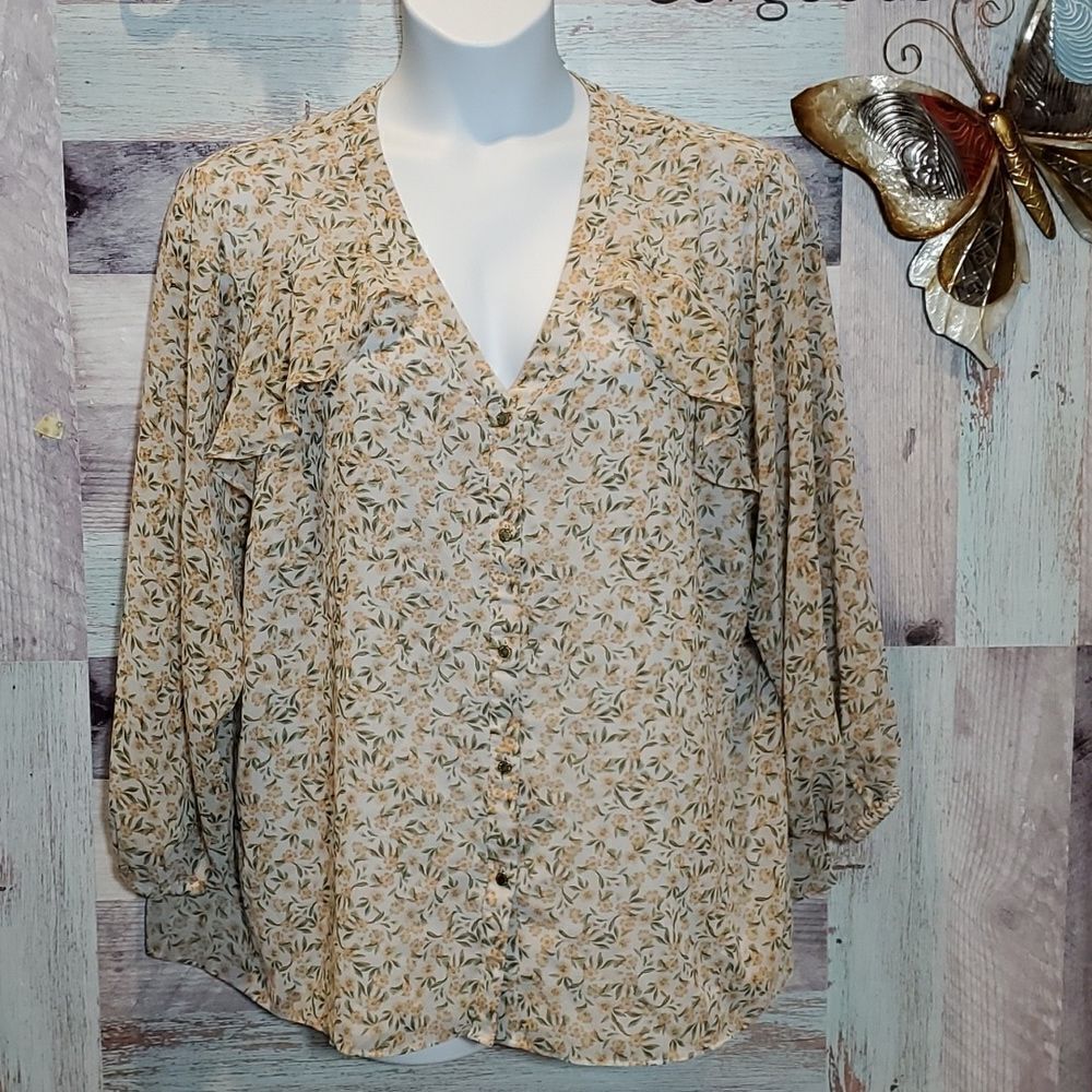Calvin Klein Wthite Floral Ruffle Button Up Blouse Sz 2X Plus 324